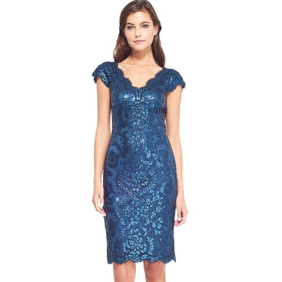 Tadashi Shoji Blue Paillette Embroidered Lace V-Neck Cap Sleeve Dress Size 6 - Picture 1 of 8